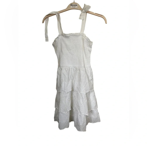White Eyelet Tiered Smocked Summer Dress Small Cotton - Picture 1 of 4